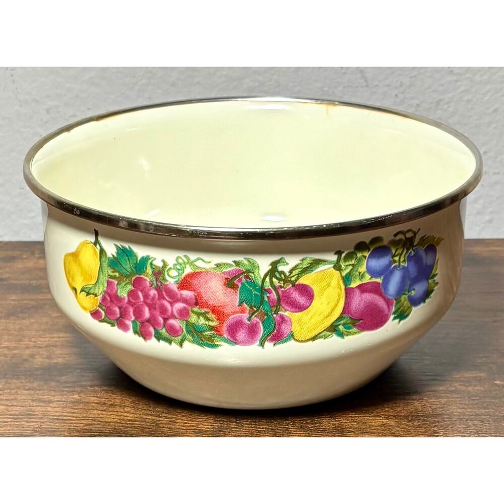 Vintage Metro Vitroceramic Metal Enamel Mixing Bowl Fruit & Floral Pattern 6.5”